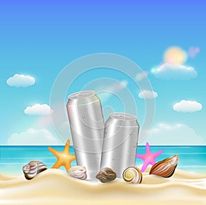 Aluminium beverage can and sea shell starfish on a sea sand beach