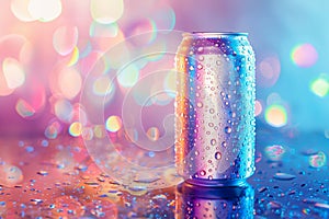 Aluminium can with water drops fluorescent colors. summer concept