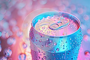 Aluminium can with water drops fluorescent colors. summer concept