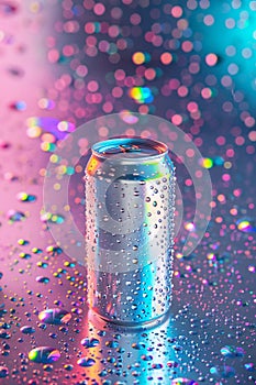 Aluminium can with water drops fluorescent colors. summer concept