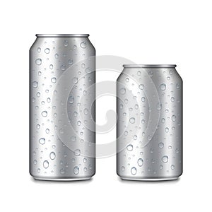 Aluminium cans with water drops. Mockup package for cold soda, beer, juice. Wet metal or steel packaging for beverage. Set of