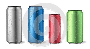 Aluminium cans with water drops. Realistic metal can mockups for soda, alcohol, lemonade and energy drink illustration