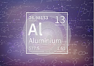 Aluminium chemical element with first ionization energy, atomic mass and electronegativity on scientific background