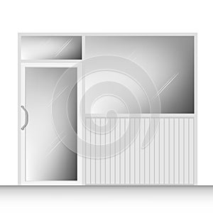 Aluminium door with door handle and glass wall in white room background