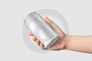 Aluminium drink can 330ml with water drops in a hand mockup template