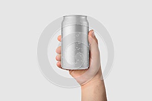 Aluminium drink can 330ml with water drops in a hand mockup template