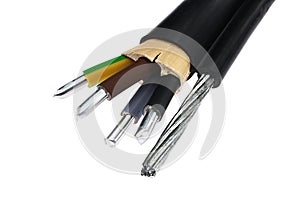 Aluminium electric power cable assembly with steel rope on side as support, covered in black PVC jacket, internal beige insulation