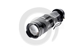 Aluminium metal LED flashlight torch isolated on white background.