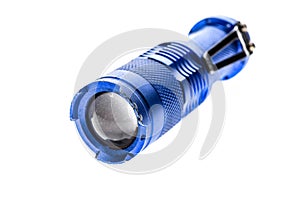 Aluminium metal LED flashlight torch isolated on white background.