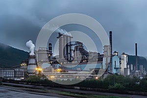 aluminium plant, with massive smelting furnaces and smoke stacks