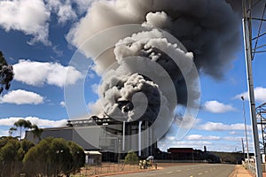 aluminium smelter, with towering smoke plume and flames leaping from stacks