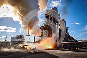 aluminium smelter, with towering smoke stacks and molten metal being poured