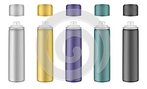 Aluminium tube for hairspray, air freshener container, thermal water spray bottle. White, yellow, purple, green and black bottles