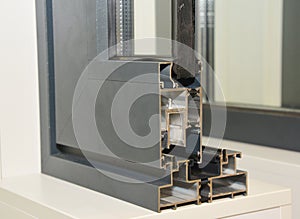 Aluminium Window Frame Profile. Energy Efficient Windows Cross Section. Three Transparent Glass