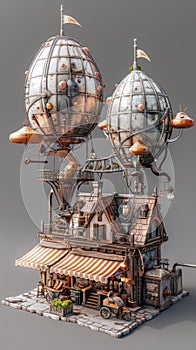 Aluminum airships steampunk city pixie mushroom juice stand