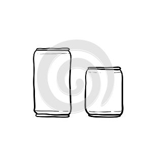 Aluminum bear soda and lemonade cans, energy drink. Vector isolated set canned beverages with doodle hand drawing style vector