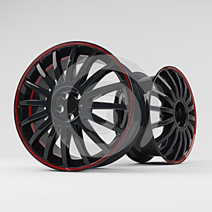 Aluminum black wheel image 3D high quality rendering. White picture figured alloy rim for car.