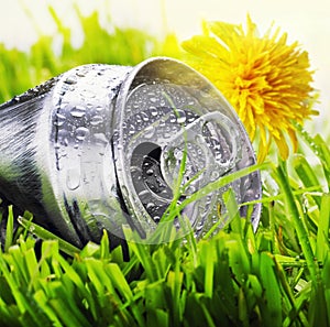 Aluminum can on a green grass