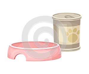 Aluminum can of pet food and bowl. Carrier for pet animals vector illustration