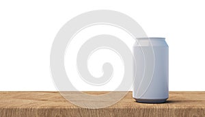 Aluminum can standing on a wooden board with a white background.