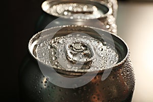 Aluminum cans of cold beer, closeup