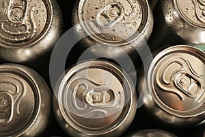 Aluminum cans of cold beer, top view