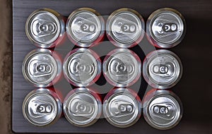 aluminum cans top view, many beer aluminum cans