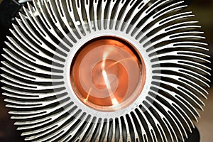 Aluminum cooler from the computer processor on the table.