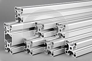 Aluminum exstrusion profile bars gray background. Metal construction industry engineering and material concept