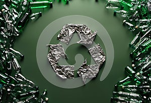 Aluminum Foil Recycle Sign Surrounded by Discarded Plastic Bottles