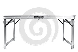 Aluminum folding table for camping and travel, shooting point at the level of the tabletop, on a white background