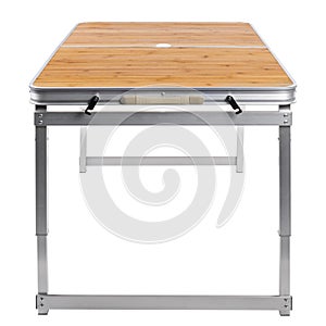 Aluminum folding table with height adjustment, table for camping or fishing, side view, isolate