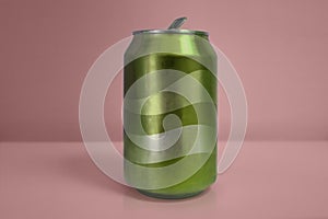Aluminum Green Soda Can over Pink Background photo