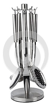 Aluminum holder with set of kitchen utensils on white background