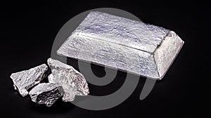 Aluminum ingot or bar next to aluminum ore, recycling or metal industry concept