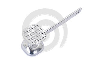Aluminum meat tenderizer on white background.
