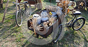 aluminum milk cans brimming with fresh farm produce nestled in wooden cart with bike