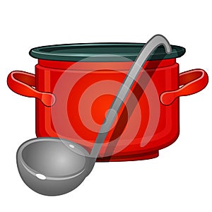 Aluminum red pan and ladle. Kitchen utensils. Image in cartoon isolated on white background