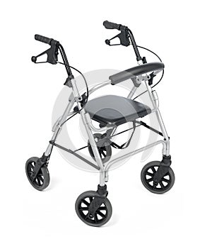 Aluminum rollator for elderly and recovering people, isolated on a white background.