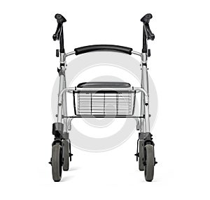 Aluminum rollator to support the walking of elderly and recovering people, front view, isolated