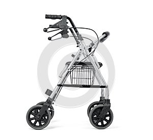 Aluminum rollator to support the walking of elderly and recovering people, isolated on a white background.