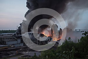 aluminum smelter, with flames and smoke rising from the facility