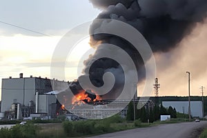 aluminum smelter, with flames and smoke rising from the facility