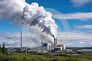 aluminum smelter, with smoke billowing from the chimney into the sky