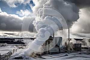 aluminum smelter, with smoke billowing from the chimney into the sky