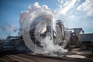 aluminum smelter, with smoke billowing from the chimneys, and molten aluminum pouring out