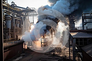 aluminum smelter, with smoke billowing from the chimneys, and molten aluminum pouring out