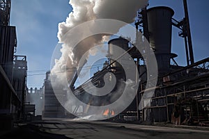 aluminum smelter, with smoke billowing from the chimneys, and molten aluminum pouring out