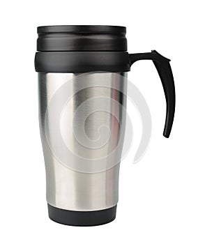 Aluminum thermos mug isolated on white photo