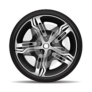 Aluminum wheel car black hexagon mesh pattern texture tire for modern sport racing on white background vector